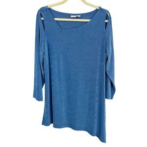 Chico's Travelers Blue Slinky Knit Asymmetrical Hem Cut Out Top - Size 2, Large